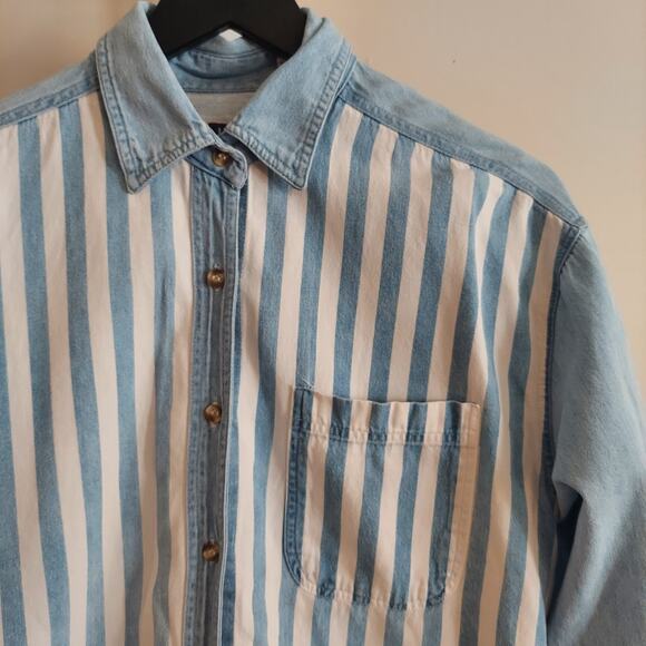 Vintage Button Up Shirt Long Sleeve Casual 90s Contrasting Sleeve - Picture 3 of 9